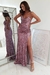 Imagen de Vestido largo ajustado con abertura en pierna, tela brillante