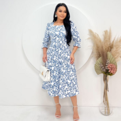 Vestido midi - evasê com babadinho na bainha e lastex na manga 3/4. - Bia Modas | Vestidos Casuais e de Festa com Estilo e Elegância