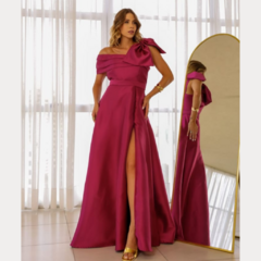 Vestido longo de festa alfaiataria com laço no ombro