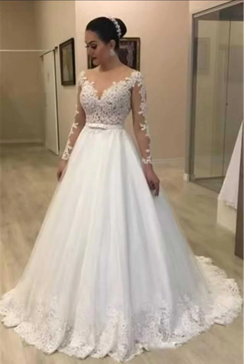 Vestido de Noiva com Renda e Tule, vestido 2 em 1 ,Vestido de baile personalizado com decote em v mangas compridas vestidos de casamento rendas .