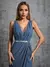 Vestido de festa ombro profundo decote em v prata lantejoulas cinto plissado chiffon fenda - loja online