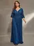 Vestido de festa plus size decote em v busto plissado manga média longa no tecido lantejoula - comprar online