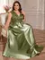 Plus size luxo ouro cetim com decote em v vestido de noite feminino lantejoulas