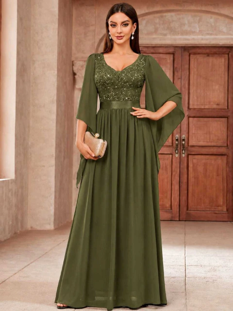 Vestido Longo de Festa Formal com Decote em V Profundo, Paetês, Retalhos Florais de Renda e Chiffon, Elegante Vestido de Festa Feminino.