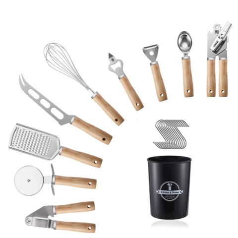 Set X12 Utensilios Kit De Cocina Mango Madera Punta Acero
