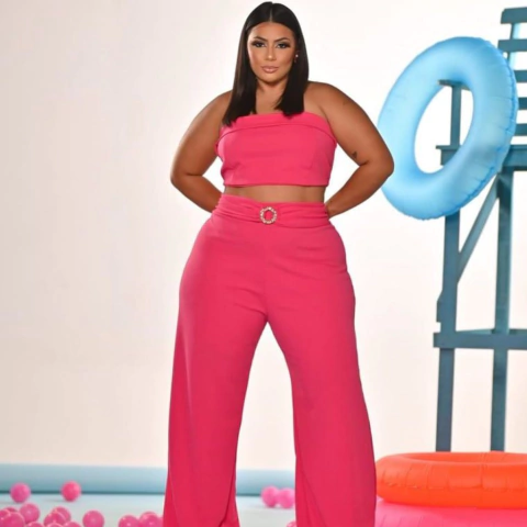 Conjunto Cropped e Calça Pantalona, rosa, TAM. GG.