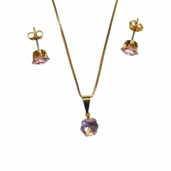 CONJUNTO 7MM PONTO DE LUZ ROSA 18K