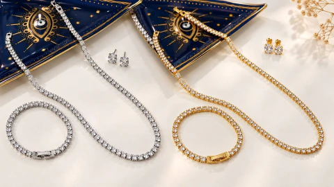 Trijunto conjunto colar brinco e pulseira Riviera folheado a prata dourado e rose gold