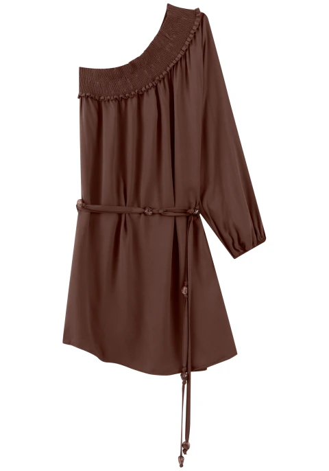 Vestido Curto De Um Ombro Só Com Cinto Marrom
