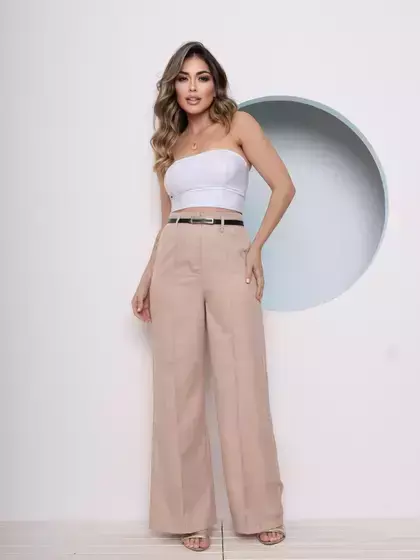 Modas Domi Calça Alfaiataria Pantalona Cintura Alta Acompanha Cinto 8028