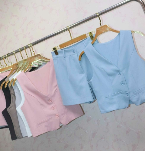 Modas Domi Conjunto Feminino 2 Peças Luis Twill Colete e Shorts Meia Coxa Moderno Moda Verão LT203