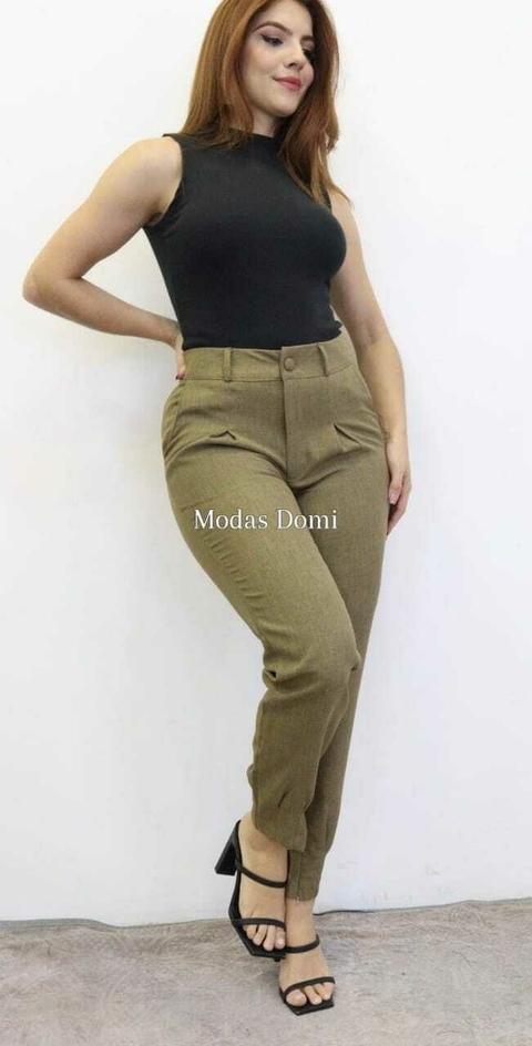 Modas Domi Calça Linho Estilo Cenoura Bolsos Laterais com Zíperes nas Pernas 8449