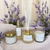 Kit completo da linha Silêncio Sagrado, da coleção quartzos energéticos, de quartzo rosa com aroma de lavanda, contendo velas e aromatizadores de ambientes.