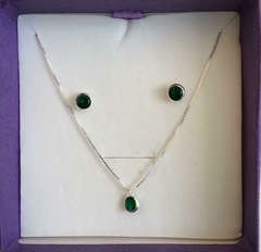 CONJUNTO PRATA 925 COLAR+PING+BRINCO VERDE ESMERALDA