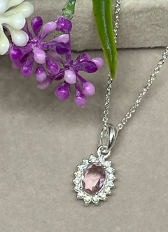 PINGENTE PRATA 925 CRAVEJADO OVAL ROSA
