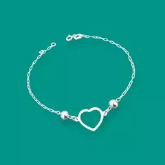 PULSEIRA PRATA 925 ESFERA E CORAÇÃO VAZADO