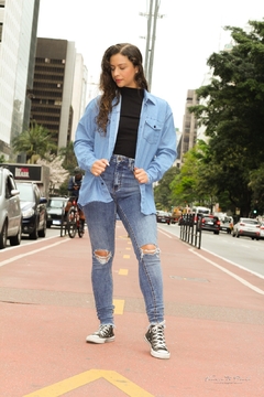 Camisa Jeans Adulto Feminina Manga Longa Lavagem Clara - Maximus Confecções