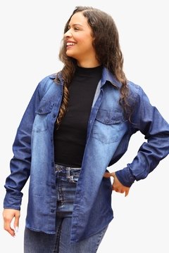 Camisa Jeans Adulto Feminina Manga Longa Lavagem Escura - loja online