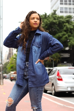 Camisa Jeans Adulto Feminina Manga Longa Lavagem Escura