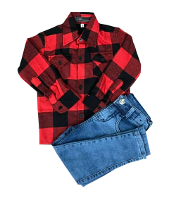 Kit 2 Pçs Camisa Flanela Xadrez Calça Jeans Masculina/menino