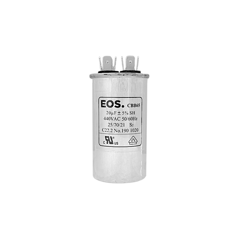 CAPACITOR PERMANENTE DE ALUMÍNIO CBB65 20µF ±5% 440V AC – EOS
