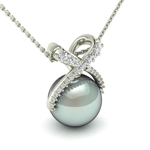 Colar de ouro 18k com pérola e detalhe de diamantes em formato de laço.