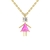 Colar dourado com pingente em forma de menina estilizada, com pedra rosa em formato triangular como vestido e pedra branca redonda como cabeça