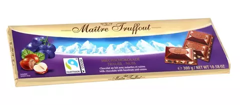 Maitre Truffout Chocolate ao Leite com Uva Passa e Avelã 300g