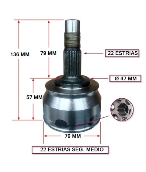 JUNTA HOMOCINETICA FIAT UNO NOVO - PALIO NUEVO E:22 / I:22 SEG. MEDIO ( 136 MM ALT)