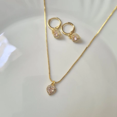 Conjunto Coração Cravejado Rosa