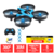 Dron Alpha Mini Swift azul com controle remoto e bateria, destacando suas características como 360° manobras flips e alcance máximo de 30 metros.