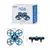 Drone Alpha Mini Swift com design compacto e cores azul e preto, exibido ao lado da embalagem.