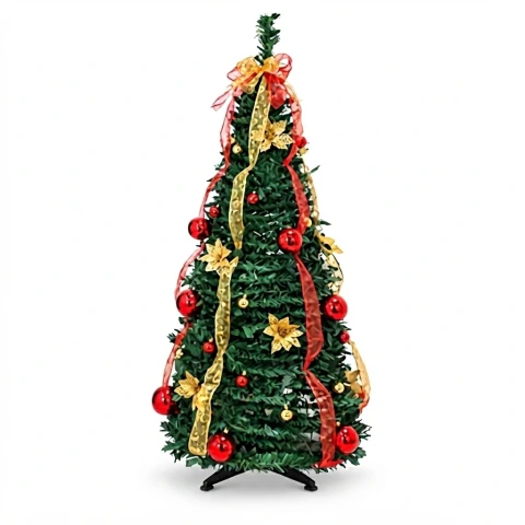 ARBOL VERDE PLEGABLE CON ADORNOS ROJO 210CM