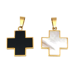 Dije Cruz de Acero Dorado con Nacar y Dije Cruz con Onix