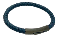 Pulsera de Cuero Trenzado Azul cierre de Acero