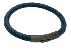 Pulsera de Cuero Trenzado Azul cierre de Acero