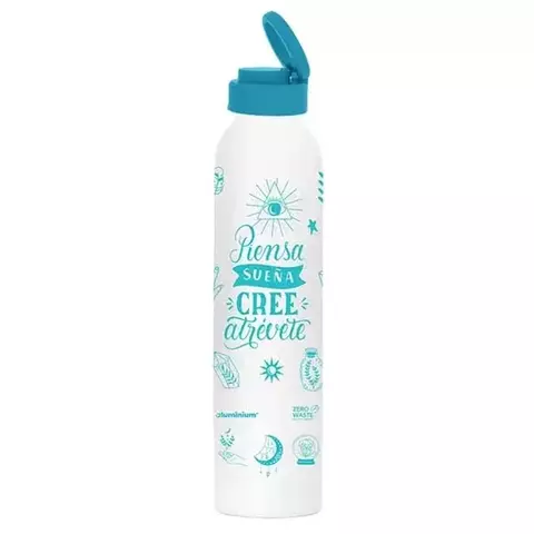 Botella de aluminio para agua con tapa azul y diseño gráfico en tonos turquesa y blanco que incluye frases inspiradoras.