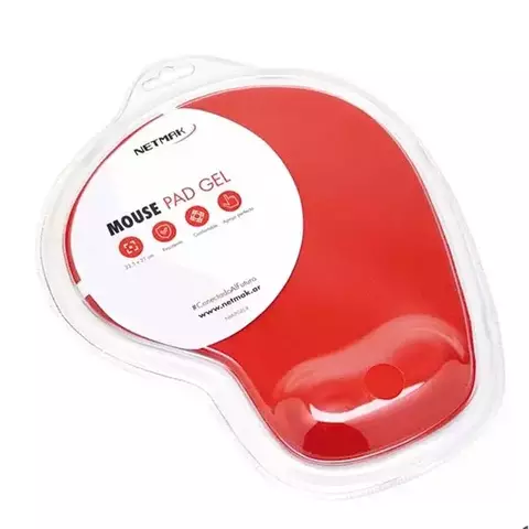 Padmouse gel Netmak de color rojo con etiqueta que indica sus características y dimensiones.