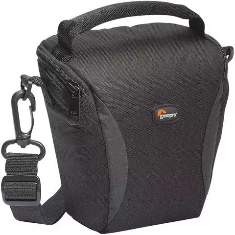 Bolso Lowepro TLZ10 en color negro, ideal para transportar cámaras y accesorios fotográficos, con cierre y correa ajustable.