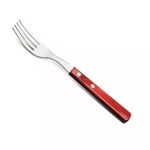 Tenedor Tramontina de acero inoxidable con mango de polywood rojo, ideal para uso en el hogar.