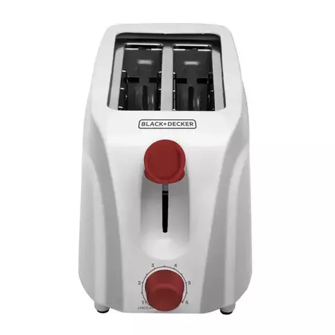 Tostadora Black and Decker TR-200-AR de color blanco con detalles rojos, diseñada para tostar dos rebanadas de pan.