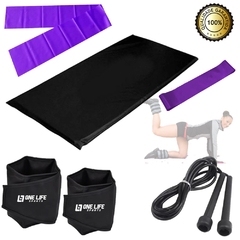 Kit funcional Colchonete + Corda + Caneleira 6 kg + Mini band Extra forte + Faixa elástica Extra forte 1,5m