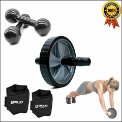 Kit Aeróbico Em Casa Caneleira 5 Kg + Roda Abdominal + Halter 2 Kg Exercicio Funcional em Casa Academia Treino Promoção