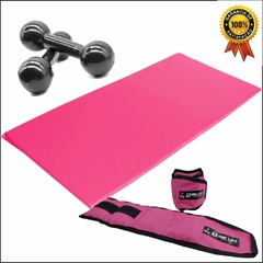 Kit Aeróbico Em Casa - Par Caneleira Rosa 5 Kg + Colchonete Pink + Par Halter 4 Kg Treinamento Funcional Cross Training