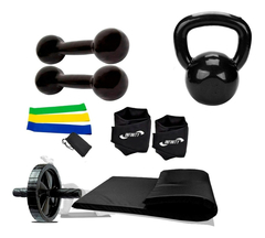 Caneleira 3 Kg + Colchonete + Halter 3Kg + roda + Kit mini band + Kettlebe 4 kg