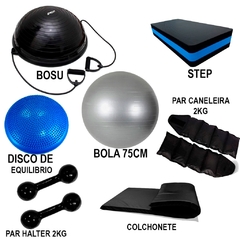 Kit Par de Halter 2kg + Par de caneleira 2kg + Bosu + Disco de Equilíbrio + Step + Bola 75 cm + Colchonete