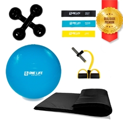 Kit halter 2kg Emborrachado + Bola suíça 55 + Kit mini band + Colchonete de Espuma + Extensor com apoio para pés