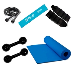 Kit caneleiras 3 kg + colchonete 1,20mt + halteres emborrachado 3 kg + Corda + mini band médio - comprar online