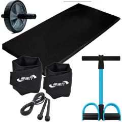 EXTENSOR COM APOIO DE PÉ + COLCHONETE DE ESPUMA + CORDA 1.6 AJUSTAVEL + RODA ABDOMINAL + PAR DE CANELEIRA DE 2KG