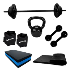 Kit Aeróbico Barra + Anilha + Halter + Step + Caneleira